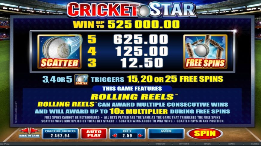 Screenshot videoslot slotmachine Cricket Star