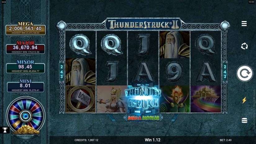 Screenshot videoslot slotmachine Thunderstruck II Mega Moolah